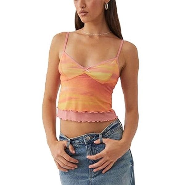 Women Floral Print Sheer Camisole Spaghetti Strap Ruffle Hem Tank Blouse Y2k Sleeveless Clubwear Crop Top - Carrot - Medium