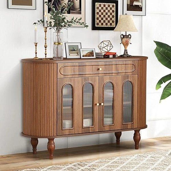 XUZENEST 47'' Fluted Sideboard Buffer Cabinet with Drawer, Modern Credenza Storage Cabinet, Bar Cabinet Console Table with Tambour Sliding Side for Living Dining Room Kitchen Hallway Entryway, Walnut - 47'' Walnut