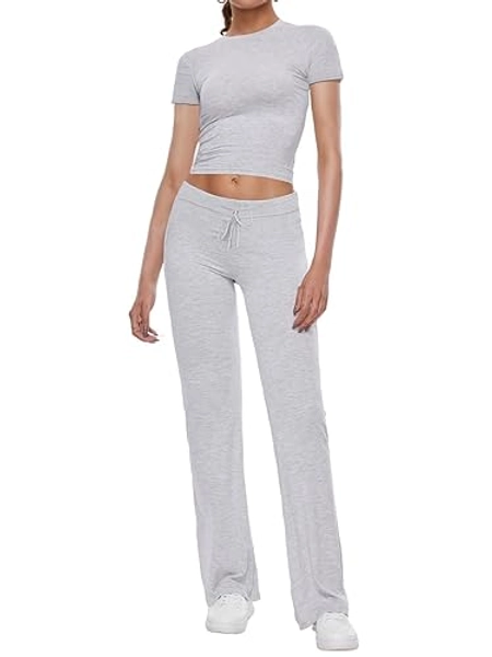 AnotherChill Women's 2 Piece Lounge Sets Straight Leg Pants Set Short Sleeve Crop T-shirt Casual Outfits Comfy Loungewear - Small - Light-gray