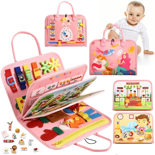 OFIKAL Busy Board Bag for Toddler with Zipper Removable 5 Page, Sensory Activity Developing Board Toys for Preschool, Quiet Book Educational Toys, Montessori Learning Early Education Travel Toy(Pink) - FBB-Pink