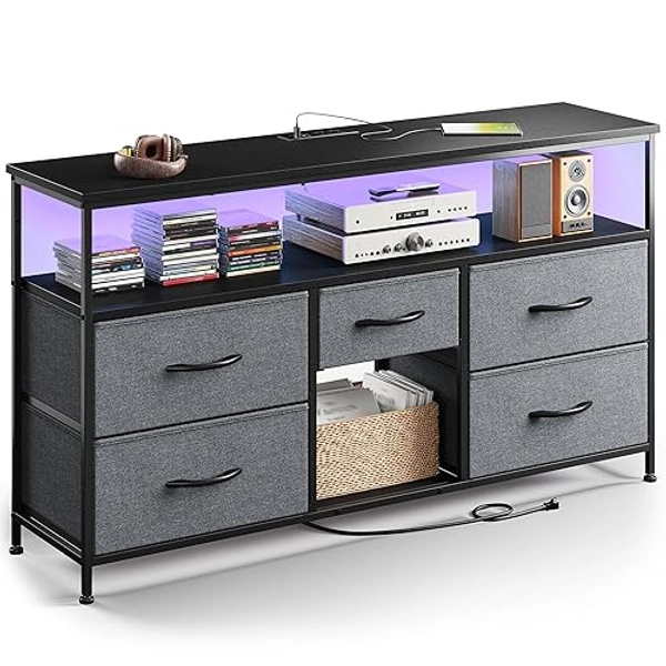 EnHomee TV Stand Dresser with 5 Drawers for 50" TV Stand for Bedroom with LED Lights & Power Outlets Wide Dresser for Bedroom Dresser with Shelves for Living Room, Sturdy Metal Frame, Grey - Grey