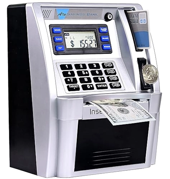 2024 Upgraded ATM Piggy Bank for Real Money for Kids Adults,Toy Money Bank with Card,Password,Coin Recognition,Bill Feeder,Balance Calculator,Electronic Money Safe Coin Box,Hot Gift for Boys Girls - Silver/Black - Standard Version