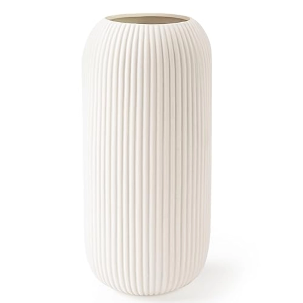 White Ceramic Vase for Flowers, 8 INCH Flower Vase Modern White Vase Home Decor, Small Vase, Ribbed Textured Vase for Pampas Grass Decorative Vase, for Farmhouse Coffee Table Bookshelf Home Living - White