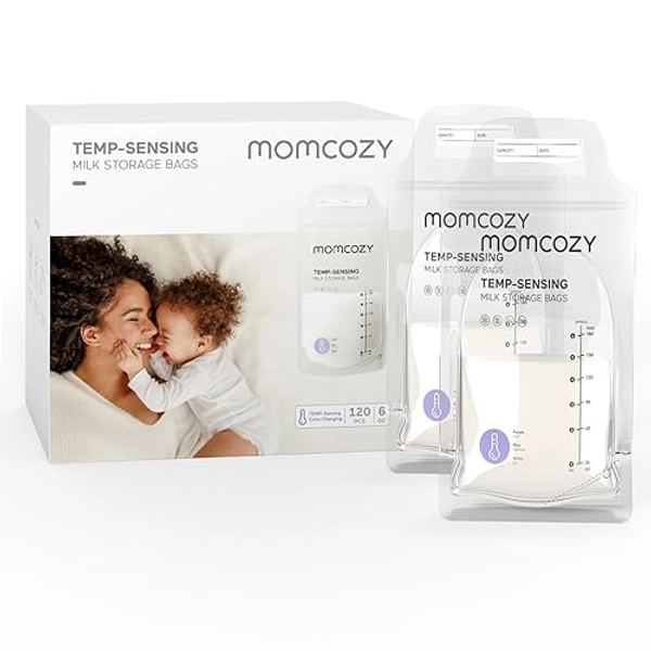 Momcozy Breastmilk Storage Bags, Temp-Sensing Discoloration Milk Storing Bags for Breastfeeding, Disposable Milk Storage Bag with 6 Ounce Self Standing, No-Leak Milk Freezer Storage Pouches, 120PCS - 120 Count