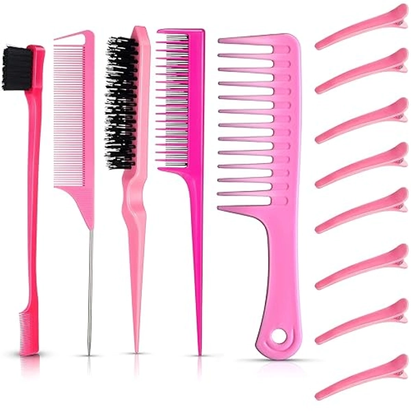 15-Piece Boar Bristle Brush Set with Fluffy Brush, Rat Tail Comb, Triple Teasing Comb, Dual Edge Brush, and 10 Duckbill Clips for Women (Pink and Black) - Pink and Black