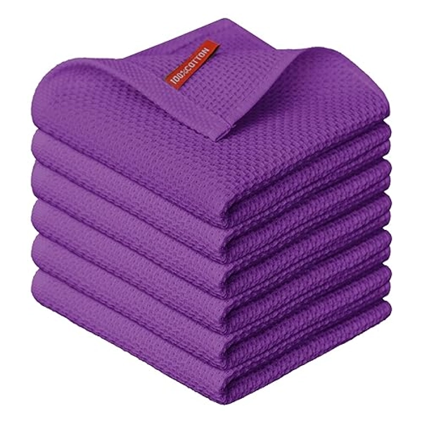 Artoid Mode 100% Cotton Purple Waffle Weave Kitchen Dish Cloths, 12x12 Inch Ultra Soft Absorbent Quick Drying Kitchen Dish Towels Set of 6 - 12" x 12", 6 Pcs - Purple