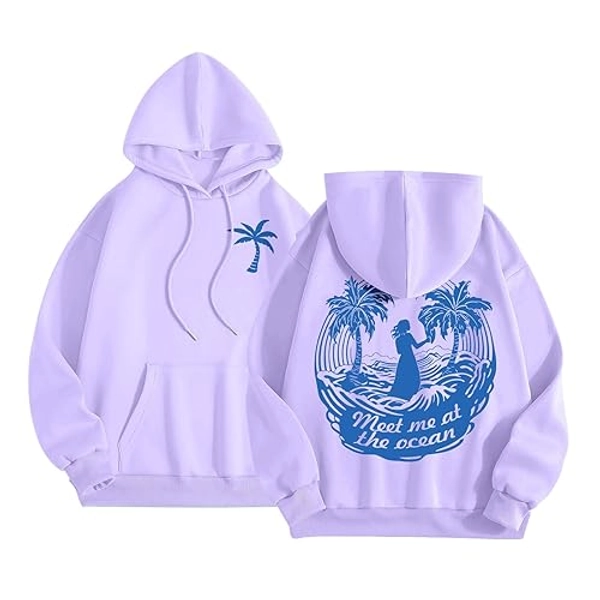 Palm Puff Hoodie for Women Girls Cute Pink Graphic Oversized Preppy Sweatshirt Loose Fit Y2K Hoodies with Pockets - Medium - B-purple