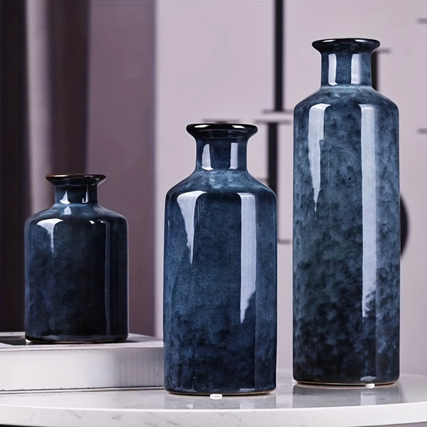 3pcs/set Glazed Rustic Blue Vase Modern Ceramic Vase, Used For Home Decoration, Suitable For Fireplace, Table, Kitchen, Living Room Decoration