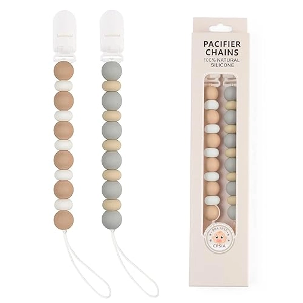 Pacifier Clips, 2PCS Silicone Soother Clips, BPA Free Pacifier Clip Pacifier Holder for Newborn Baby Boy Girl Gifts (C-Grey) - C-grey