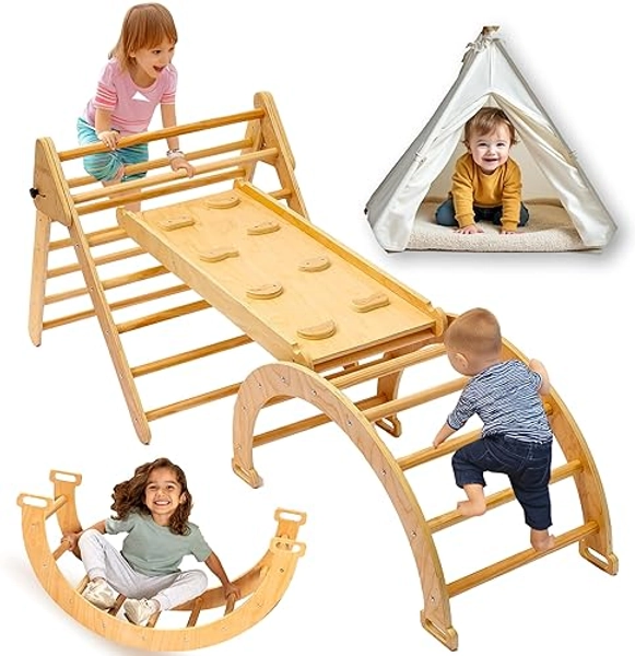 5 in 1 Pikler Triangle Set, Montessori Climbing Set, Toddler Climbing Toys Indoor Pickler 1-3 Piece Climbing Gym, Indoor Climbing Toys for Toddlers Inside, Baby Wooden Play Pickler, Kids Climber - Extra Thickness
