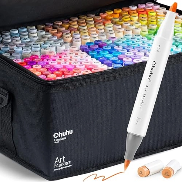 Ohuhu Alcohol Markers Brush Tip - 320-color Double Tipped Art Sketch Marker Set for Artists Adults Coloring Illustration -Brush & Chisel Dual Tips - Honolulu Series of Ohuhu Markers - Refillable Ink - Chisel & Brush