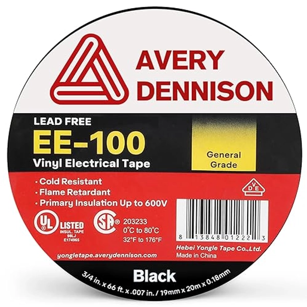 Avery Dennison Electrical Tape, General Use PVC Electric Tape, UL/CSA Listed Insulating Vinyl Tape for Electrical, Repairs, Automotive and Equipment, EE-100, ¾ in x 66 ft, Black, 1 Roll - 3/4 in x 66 ft(EE-100) - Black - 1