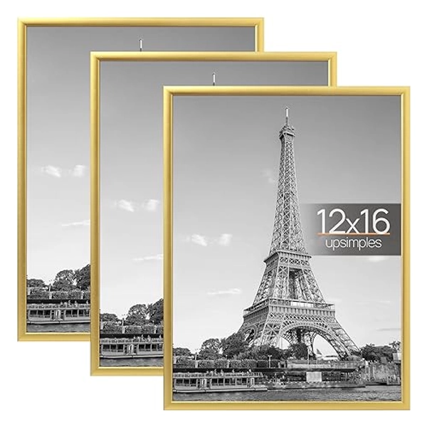 upsimples 12x16 Picture Frame Gold 3 Pack, Scratch-Proof Poster Frames 12 x 16 for Photo Gallery - Slide-In Strips, Horizontal or Vertical Wall Mounting - Gold - 12x16