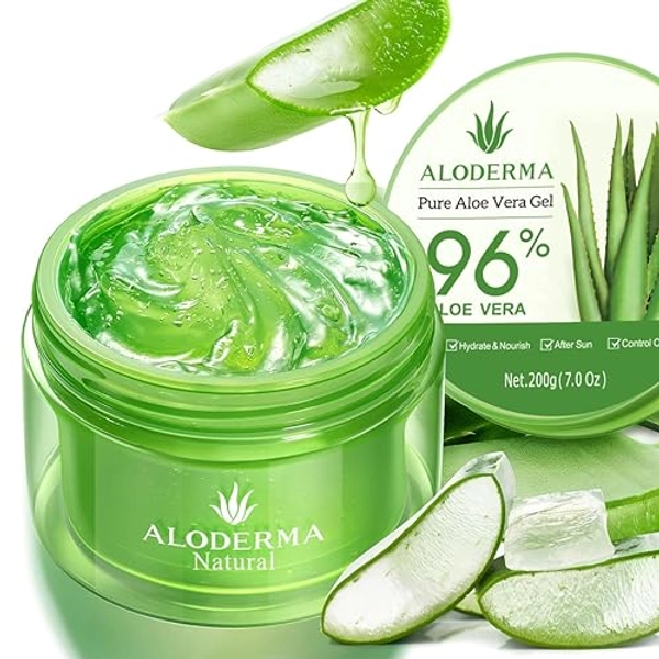 Aloderma Organic Aloe Vera Gel for Face & Body, 96% Pure Aloe Gel Made within 12 Hours of Harvest, Ideal for Skin, Scalp, & Hair Hydration, Calming Moisturizer for Soothing After Sun Care Relief, 7oz - 1