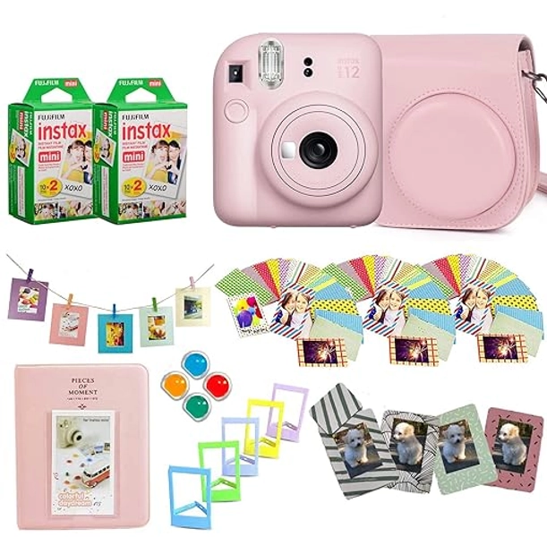 Fujifilm Instax Mini 12 Instant Camera + Pro Design Accessory Bundle with Protective Case, Magnetic Frames, Album, Frames Design Kit (40 Sheets) (Blossom Pink)