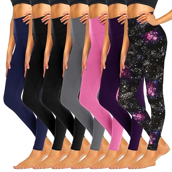 iceROSE 7 Pack Leggings for Women, High Waisted Tummy Control Soft Black Yoga Leggings for Workout Running Maternity - Large-X-Large - High Rise - 01 Black*2/ Navy Blue/ Dark Grey/ Purple/ Pink/ Galaxy Print
