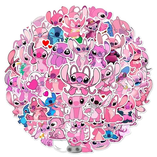 50Pcs Pink Lilo & Stitch Stickers, Cute Cartoon Stitchs Stickers Packs for Laptop Skateboard Phone Guitar Travel Case Bike, Vinyl Waterproof Kawaii Stitch Party Supplies for Kids Teens Adults - Lilo