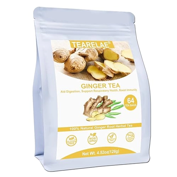 TEARELAE - Ginger Tea Bags, 64 Count - 100% Pure Ginger Root Tea, Soothing & Spicy - Non-GMO - Caffeine-free - Aid Digestion & Support Respiratory - Ginger Tea - 64 Count (Pack of 1)