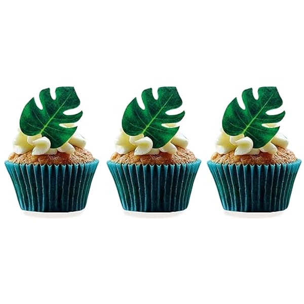 48pcs Edible Tropical Turtle Leaves Cupcake Toppers, CGHCEAI Palm Leaves Cake Decoration For Hawaii Theme Jungle Party Cake Toppers Birthday Party Supplies