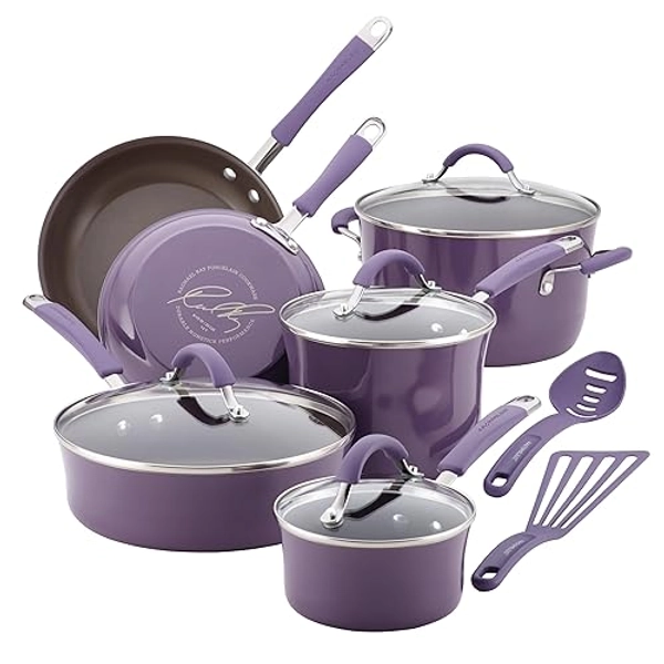 Rachael Ray Cucina Nonstick Cookware Pots and Pans Set, 12 Piece, Lavender Purple - Nonstick - Lavender Purple