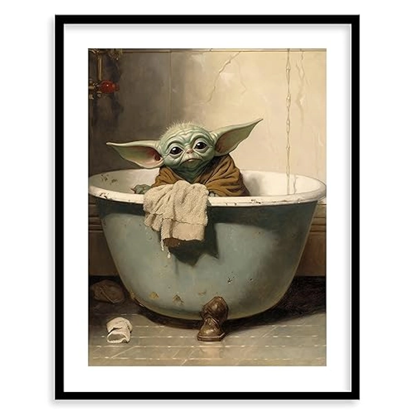 Star Wars Bathroom Décor Art Print - Premium Giclee Fine Art Print - Aesthetic Modern Vintage Painting Style Darth Vader Stormtrooper Yoda Print Poster for Bathroom Wall Decor, Ready to Frame - 18x24 - Baby Yoda in Bath