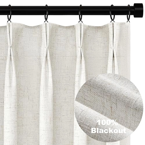 Topfinel 120 Inches Long Extra Long Pinch Pleat Faux Linen Curtains for Living Room,Neutral Beige 100 Percent Blackout Floor to Ceiling Farmhouse Sound Absorbing Drapes 2 Panels for Track System 10 FT - Natural - 40"W x 120"L (Pack of 2)