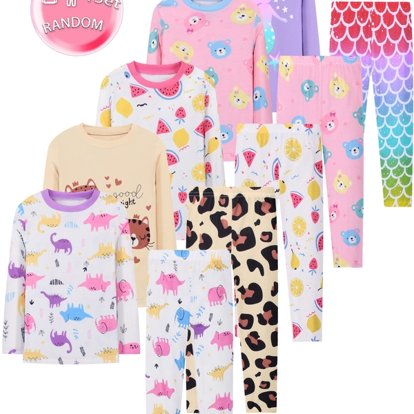 Cozy & Colorful Girls' 2pcs Clothing Set - Soft Polyester Blend, Machine Washable, Crew Neck Long Sleeve Top & Pants with Unique Random Prints - Perfect for Youngsters