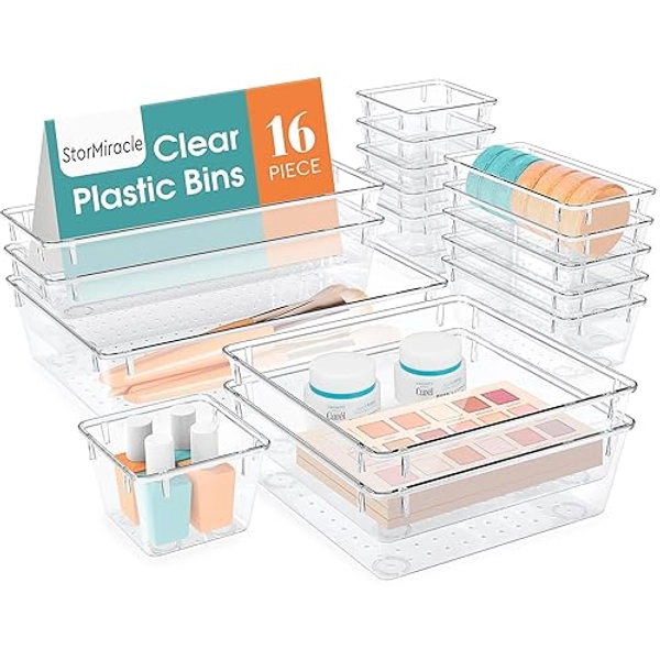 StorMiracle 16 PCS Drawer Organizer Set, 5 Varied Size Bathroom and kitchen Drawer cabinet organizer Trays, Clear Storage Bins for Makeup, Jewelry, Utensils and Gadgets - 16 PCS - Clear