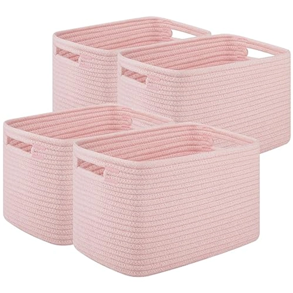 OIASKET Storage Baskets for Organizing, Woven Decorative Baskets for Shelves - Books, Towels, and Clothes, Cotton Rope Toy Storage Bins, 12.7''Lx9''Wx7.8''H, Pack of 4, Pink - Pink