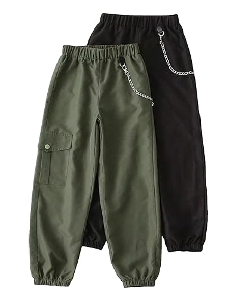 Floerns Girl's 2 Pcs Casual Elastic Waist Chain Detail Jogger Cargo Pants - 10 Years - Black and Green