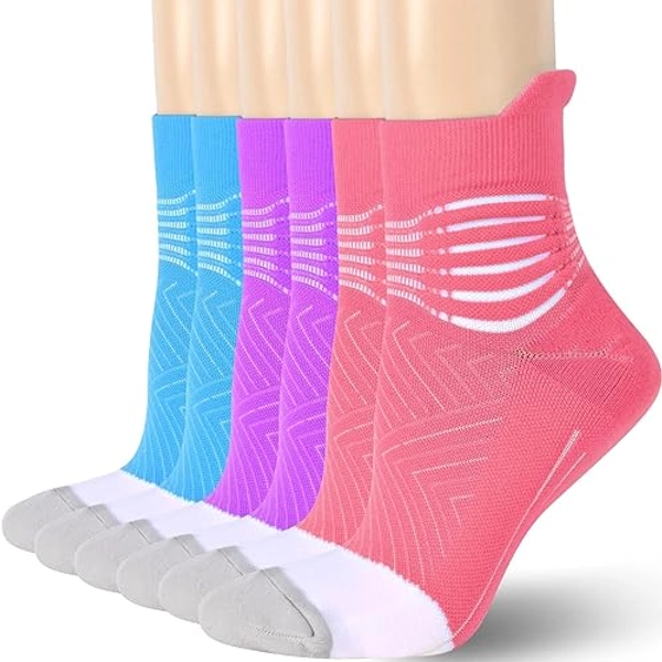 IRAMY Compression Ankle Support Socks Women - Coolmax Wicking, Cushioned Athletic, Plantar Fasciitis Relief 2/3/6 Pairs - Large - Pink+purple+light Blue(3 Packs)