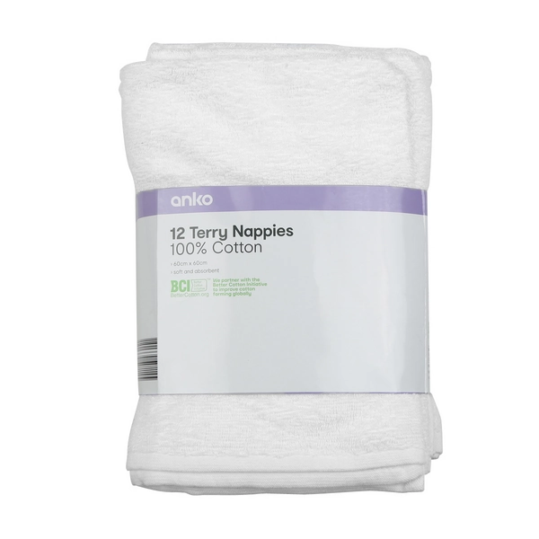 Cotton Terry Nappies, 12 Pack - Anko