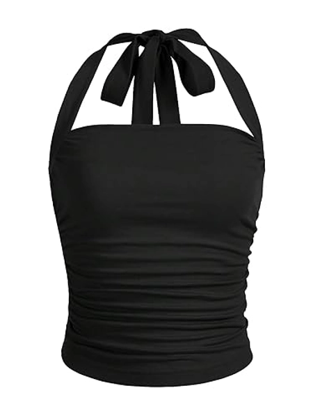 SOLY HUX Women's Ruched Halter Y2K Crop Tops Tie Back Sleeveless Slim Fit Cami Tops - Large - Plain Black