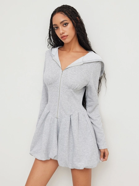 Terry Hooded Bubble Hem Mini Dress
