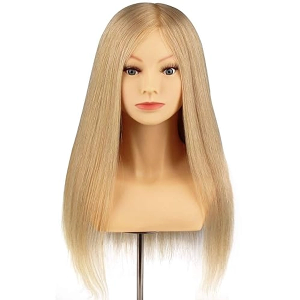 Blonde Mannequin Head with Shoulder 100% Real Human Hair Hairdresser Training Head Manikin Cosmetology Doll Head Hair Styling Competition Supplier (16-18 inch, Blonde#) - Female-16-18" Blonde#
