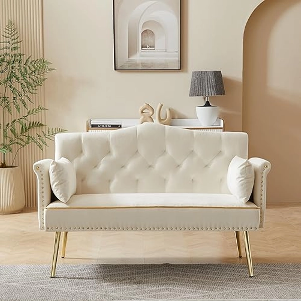 hansones 55-Inch Modern Velvet Loveseat Sofa with Gold Metal Legs & Side Pockets, Tufted Backrest, Perfect for Living Room, Bedroom, or Office (Modern Beige) - Modern Beige