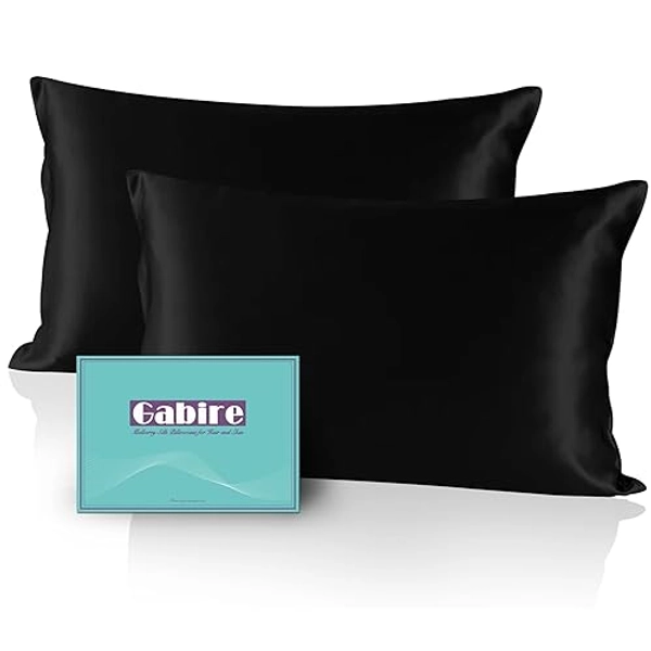 Gabire Mulberry Silk Pillow Cases Set of 2, Both Sides Real Silk Pillowcase for Hair and Skin Prevent Acne Pillowcase Organic Silk Pillowcase 2 Pack with Hidden Zipper, Black, Standard (20"×26") - 4. Black (2 Pack) - Standard (20"×26")
