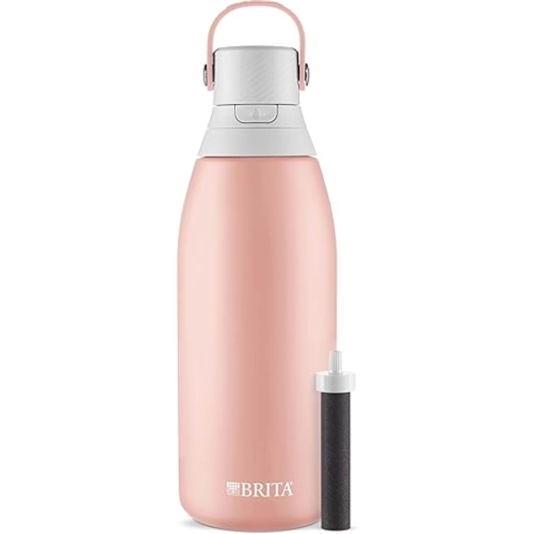 Brita Stainless Steel Premium Filtering Water Bottle, BPA-Free, Reusable, Insulated, Replaces 300 Plastic Water Bottles, Filter Lasts 2 Months or 40 Gallons, Includes 1 Filter, Rose - 32 oz. - 32 Ounces - Rose