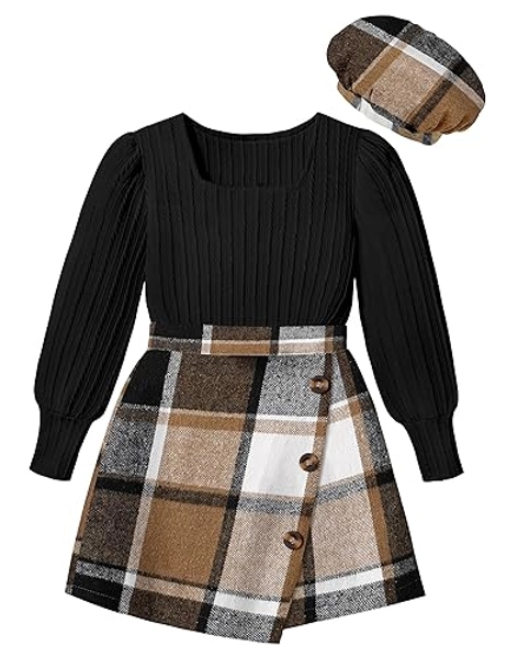 AGAPENG Girl Skirt Sets 3 Piece Outfits Square Neck Jacquard Puff Sleeve Tops Plaid Mini Skirt Shorts Fall Winter Clothes - Black + Brown Plaid - 5-6 Years