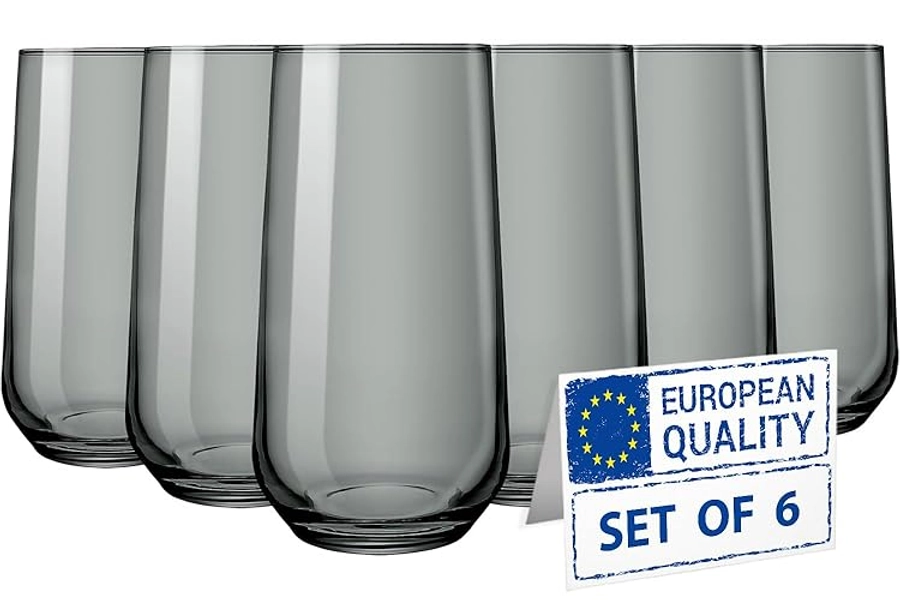 Biandeco Gray Drinking Glasses Set of 6 | 16 oz Smoked Gray Glass Cups | Highball Drinkware for Cocktails, Long Drink, Water, Mojito, Juice, Soda - Set of 6 - Gray