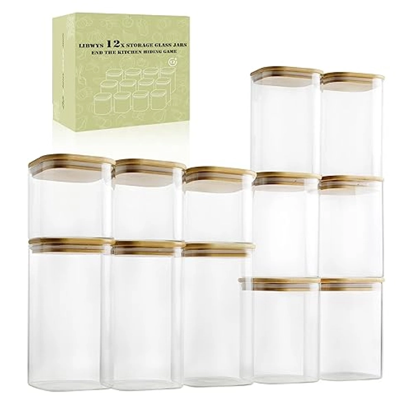 LIBWYS 12er Set Vorratsgläser mit Deckel Eckig Vorratsdose Glas - in 3 Größen: 720ml；1150 ml; 1580 ml - 12pcs Plus Edition - 12pcs - Plus Edition