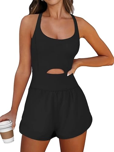 ANRABESS Women Rompers Running Exercise Workout Set One Piece Jumpsuits Gym Yoga Outfits 2025 Summer Active Wear Clothes - Black - Large