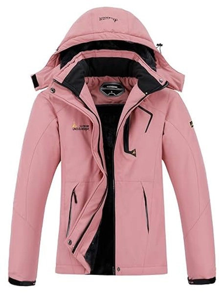 MOERDENG Women's Waterproof Ski Jacket Warm Winter Snow Coat Mountain Windbreaker Hooded Raincoat Jacket - Pink - X-Large