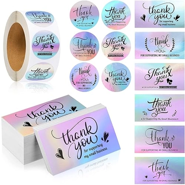 1120 Pcs Thank You Cards and Stickers Set, Include 120 Business Card 1000 Roll Labels Thank You for Supporting My Small Business Stickers Package Insert(Holographic Style) - Holographic Style