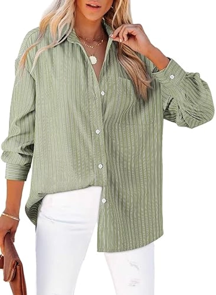 Astylish Women Blouses Oversized Striped Shirt Long Sleeve V Neck Button Down Work Tops - Medium - Green Stripe
