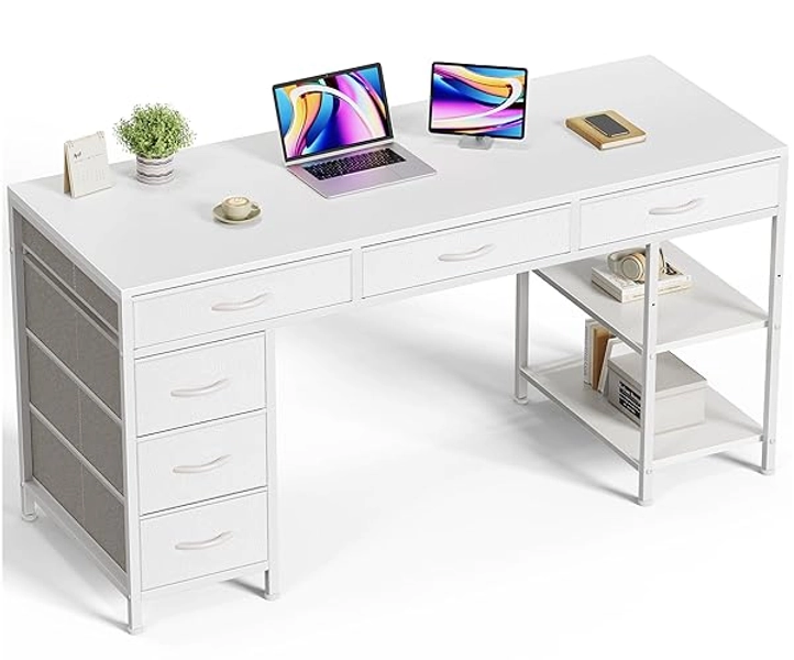 Huuger Computer Desk with 6 Drawers, 54 Inch Office Desk with Shelves, Reversible Gaming Desk, Corner Desk with Storage, Work Desk for Home Office, Study, Living Room, White - 54 inch - White