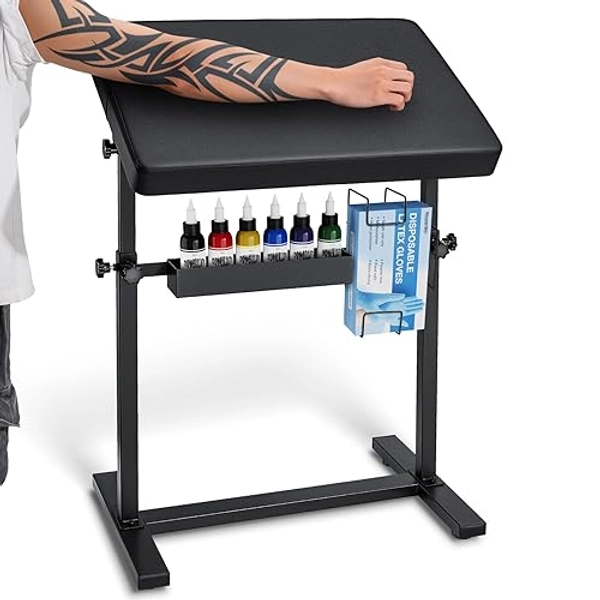 Udefineit Tattoo Armrest Stand with Black PU Leather Pad, 70° Rotation Adjustable Height Tattoo Supplies Storage Panel, Professional Sturdy Tattoo Arm Bracket with Four-corner Base Stability Strongly - Black - Large