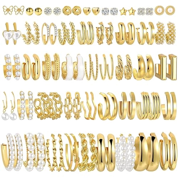 42 Pairs Gold Hoop Earrings Set for Women, Fashion Chunky Pearl Earrings Multipack Twisted Statement Earring Pack, Hypoallergenic Small Big Hoops Earrings for Birthday Party (Gold-45 pairs) - Gold-45 pairs