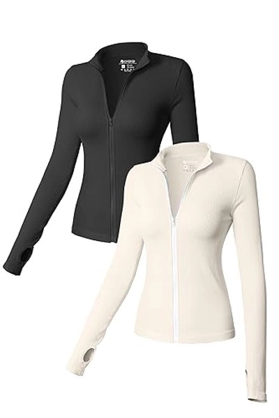 OQQ Womens 2 Piece Long Sleeve Tops Stand Neck Front Zipped Stretch Fitted Underscrubs Tee Shirts Tops - Medium - Black,beige