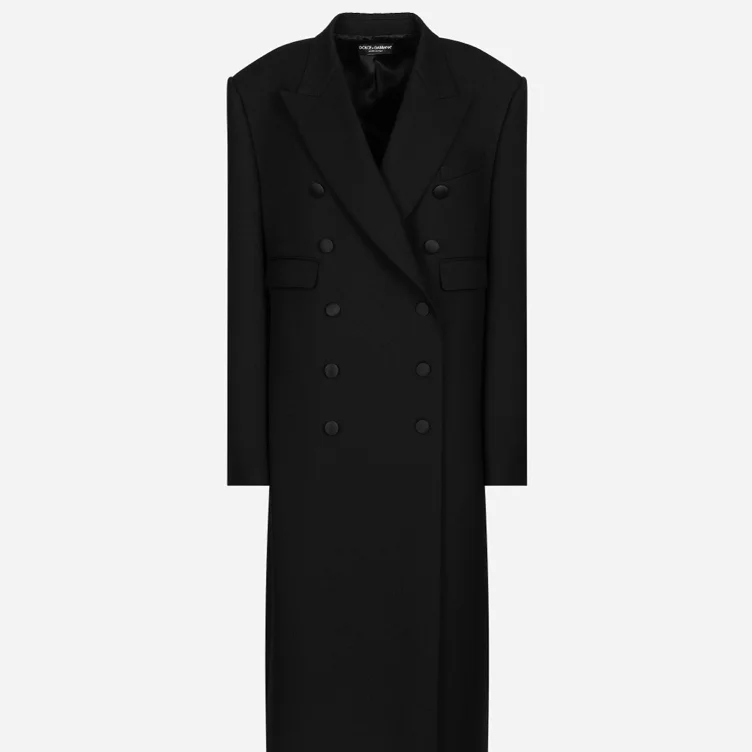 Long double-bleasted tuxedo coat in double wool gabardine 